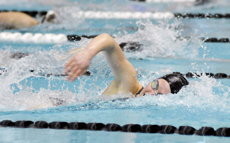 Sara Schad, one of the swimmers who helped propel Greely to the Class B state championship, competes in the prelim of the 100 freestyle before going on to capture the title in the event with a time of 53.73 seconds.