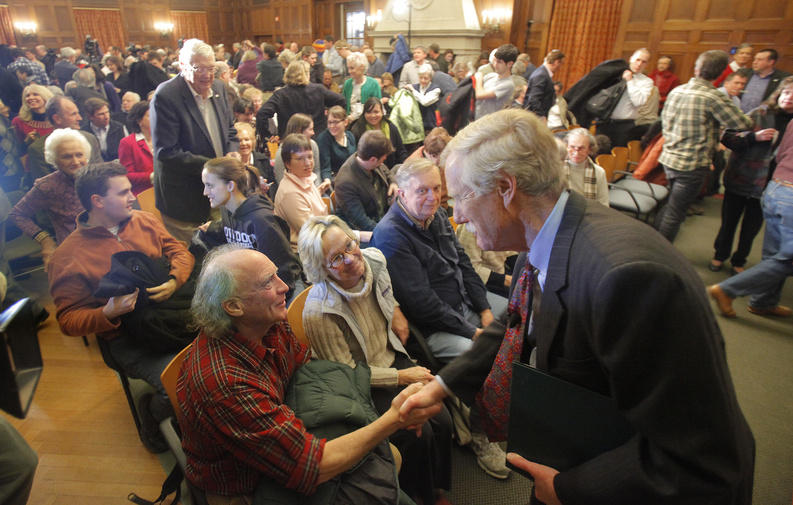 IN THE RUNNING: Angus King greets supporters at Bowdoin College on Monday night after announcing that he will run for the Senate seat being vacated by Olympia Snowe.