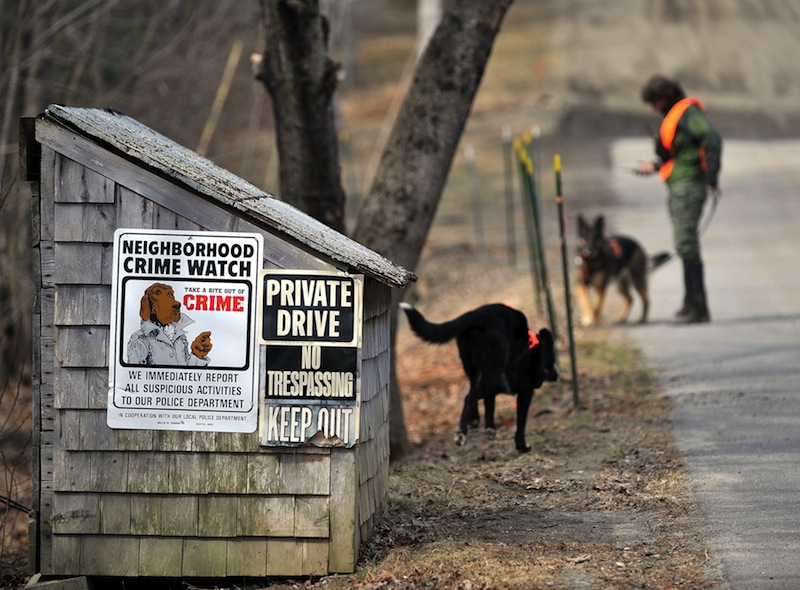 Members of the Maine Search and Rescue Dogs search an area along the side of Heath Court in Oakland for missing toddler Ayla Reynolds on Saturday, March 24, 2012. Authorities have renewed the search for Reynolds in spots that were previously covered in snow.