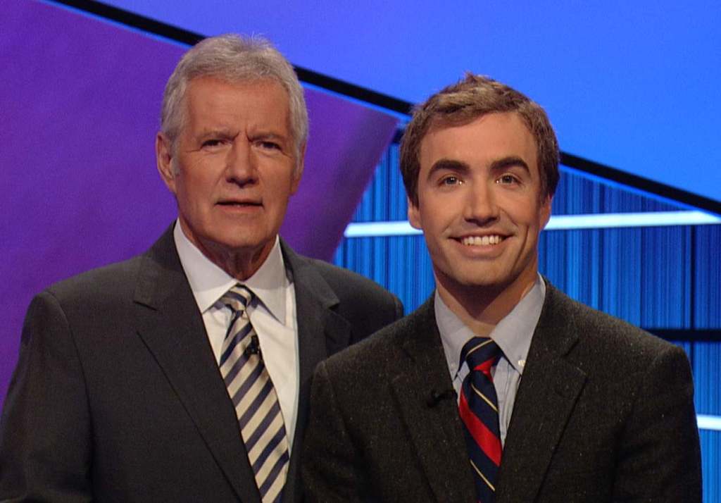 Ben Parks-Stamm, of Winthrop, right, is seen with Alex Trebek, the host of the Jeopardy! quiz show. Parks-Stamm, apple farmer who graduated from Princeton University, competes in a show that airs Tuesday at 7:30 p.m. on WMTW-TV Channel 8.