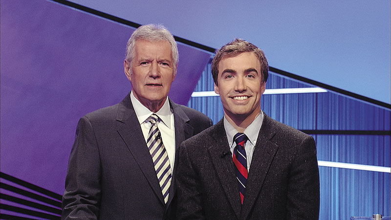 Ben Parks-Stamm, of Winthrop, right, is seen with Alex Trebek, the host of the “Jeopardy!” quiz show. Parks-Stamm, an apple farmer who graduated from Princeton University, competes in a show that airs tonight at 7:30 p.m. on WMTW-TV Channel 8.