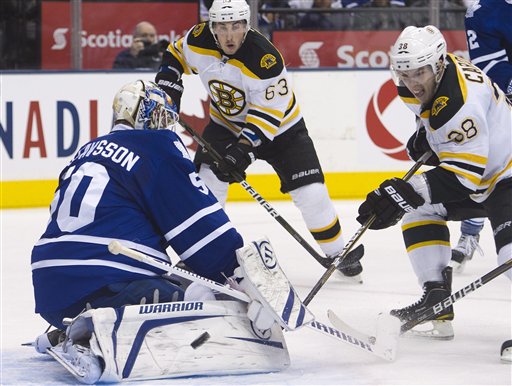 Toronto Maple Leafs goalie Jonas Gustavsson, left, makes a save on Boston Bruins forward Jordan Caron, right, as Bruins forward Brad Marchand, centre, looks on during first period Tuesday in Toronto. Canada;Canadian;sports;play;ice hockey;game;action;competitive;competition;compete;athletics;athletic;athlete;National;League;hockey;NHL;2012