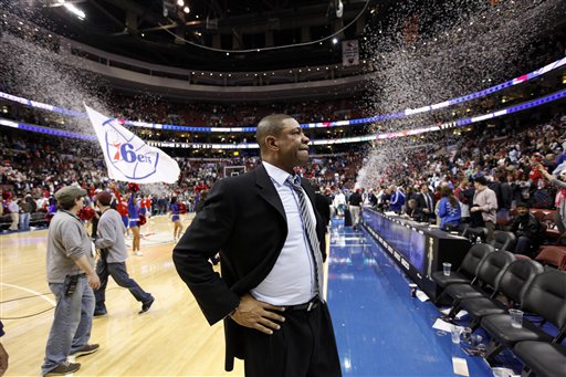 Boston Celtics coach Doc Rivers pauses before departing from the court after an NBA basketball game with the Philadelphia 76ers Wednesday, March 7, 2012 in Philadelphia. The 76ers won 103-71. (AP Photo/Alex Brandon)