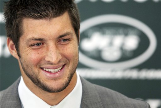 Tim Tebow holds his first news conference with the New York Jets today in Florham Park, N.J.