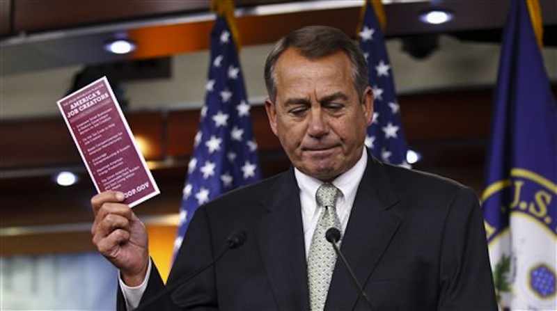 House Speaker John Boehner of Ohio talks to reporters about jobs, the highway bill, and politics during a new conference on Capitol Hill in Washington on Thursday, March 8, 2012. (AP Photo/J. Scott Applewhite)