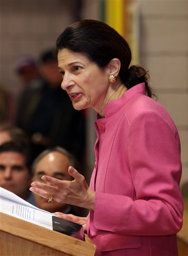 Sen. Olympia Snowe, R-Maine, speaks during the Kennebec County Super Caucus in Augusta in this Feb. 4, 2012, photo,