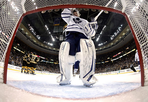 ROUGH NIGHT AT WORK: Jonas Gustavsson replaced Toronto goalie James Reimer, who had stopped only five of nine shots, during an 8-0 loss to the Boston Bruins on Monday night in Boston.