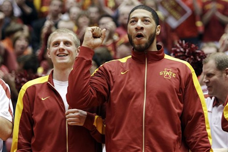 Iowa State's Royce White, right, and Scott Christopherson, left, react after the announcement that they will play Connecticut in the NCAA college basketball tournament during a selection show party on Sunday, March 11, 2012, in Ames, Iowa. (AP Photo/Charlie Neibergall) NCAA