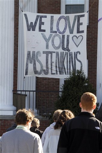 A banner hangs at St. Johnsbury Academy today in St. Johnsbury, Vt. Melissa Jenkins, a 33-year-old single mother, taught science at the academy.