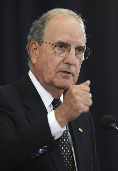 In this September 2010 photo, Special Envoy for Middle East Peace George Mitchell briefs reporters the State Department in Washington. Mitchell is a former U.S. Senator from Maine. (AP Photo/Charles Dharapak)