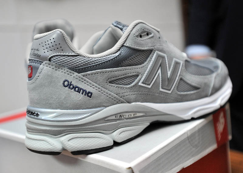The pair of New Balance running shoes custom made at the Norridgewock plant for President Obama.