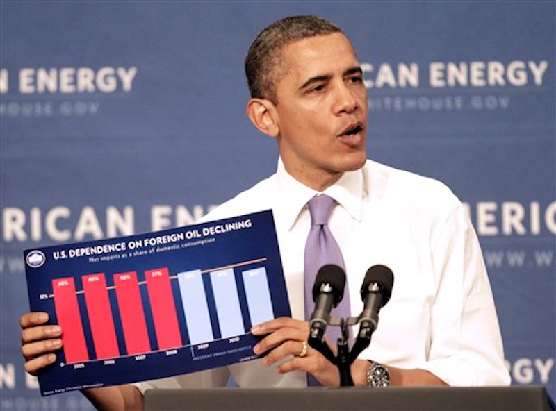 President Barack Obama holds up a chart as he speaks about his blueprint for an economy built to last with a focus on American energy, Thursday, March 1, 2012, at Nashua Community College, in Nashua, N.H. (AP Photo/Jim Cole)