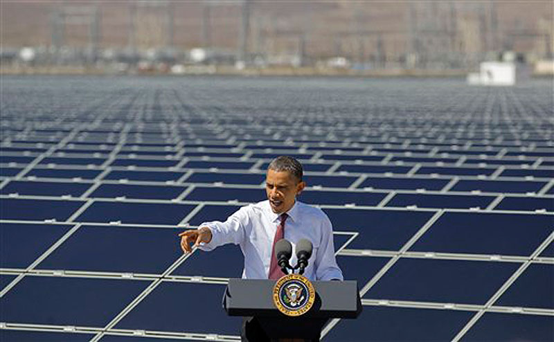 President Barack Obama speaks after touring Sempra's Copper Mountain Solar 1 facility, Wednesday, March 21, 2012, in Boulder City, Nev. The president is defending his energy agenda this week, traveling Wednesday not only to the solar panel plant in Nevada, but also later to oil and gas fields in New Mexico and the site of a future oil pipeline in Oklahoma. (AP Photo/Julie Jacobson)