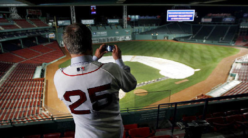 Boston Red Sox manager Bobby Valentine raises his cell phone to take a picture of Fenway Park in this Decemeber 2011 photo.