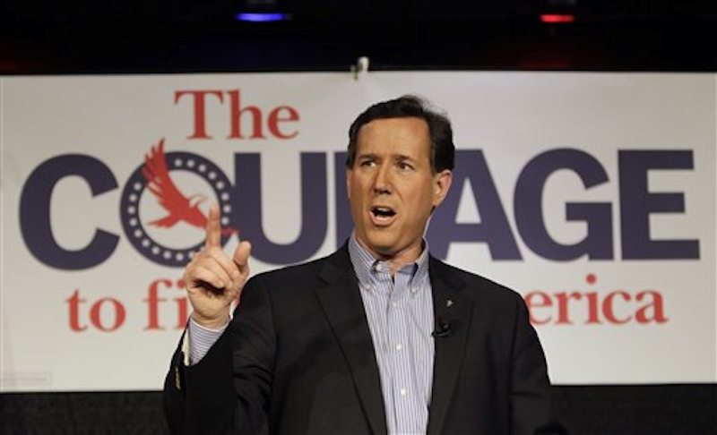 Republican presidential candidate, former Pennsylvania Sen. Rick Santorum speaks during during a campaign rally at the New Life Assembly of God on Thursday, March 1, 2012, in Spokane, Wash. (AP Photo/Eric Gay)