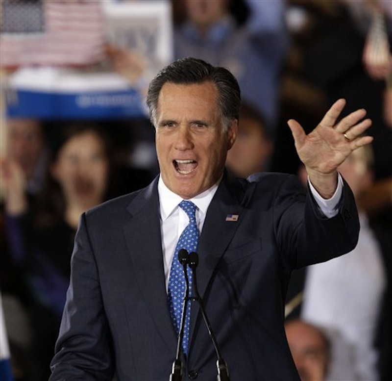 Republican presidential candidate Mitt Romney addresses supporters at his Super Tuesday campaign rally in Boston, Tuesday, March 6, 2012. (AP Photo/Stephan Savoia)