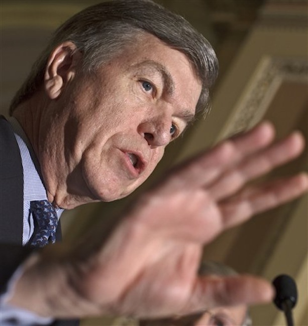 In this Feb. 28 photo, Sen. Roy Blunt, R-Mo., talks to reporters following a Republicans strategy session at the Capitol in Washington. The Senate was debating Republican legislation aimed at taking a bite out of President Barack Obama's health care law. The measure, sponsored by Blunt, would have allowed insurers and employers to opt out of any requirements to which they object on moral or religious grounds. (AP Photo / J. Scott Applewhite)