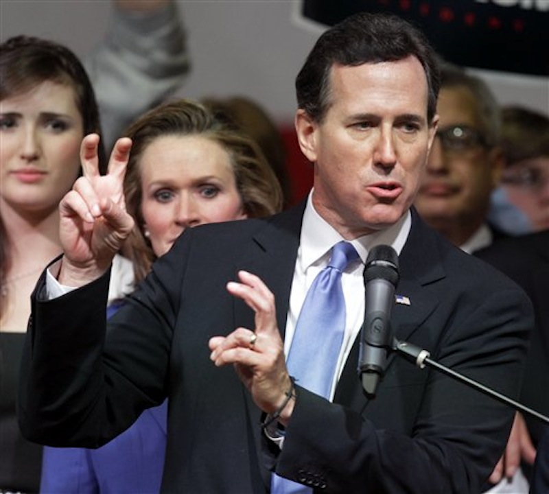 Republican presidential candidate Rick Santorum speaks to supporters at an election night party at Steubenville High School in Steubenville, Ohio, Tuesday, March 6, 2012. (AP Photo/Gene J. Puskar)