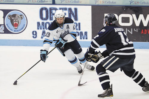 STEPPING UP HIS GAME: Maine’s Spencer Abbott leads Division I in scoring with 20 goals and 39 assists.