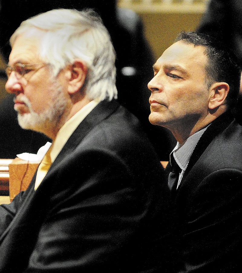 Andrews Campbell, defense attorney, and Raymond Bellavance Jr. listen to the verdict as a jury found him guilty Dec. 30, 2011, of two charges of arson. Opinions differ on what Bellavance’s sentence should be.