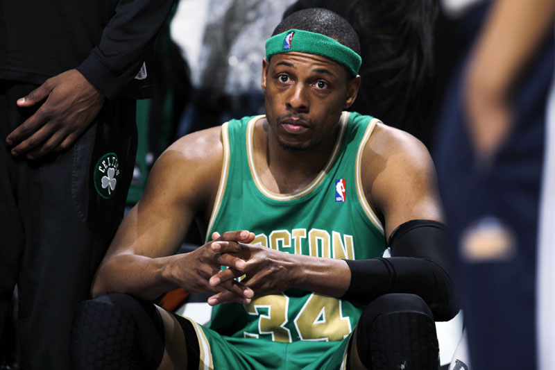 TOUGH TRIP: Boston Celtics forward Paul Pierce sits on the bench after fouling out late in the fourth quarter in the Nuggets' 98-91 victory Saturday in Denver.