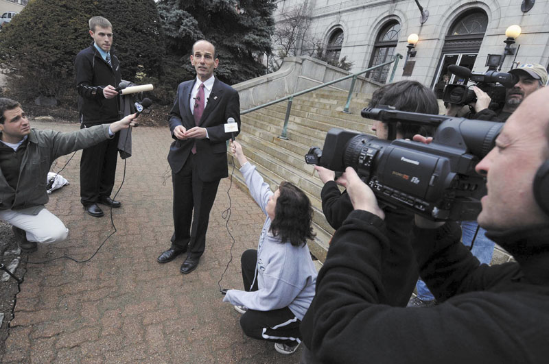 Former Maine Governor John Baldacci speaks Wednesday during a news conference on the steps of City Hall in Bangor, Maine. Former Gov. John Baldacci said Wednesday that he won't run for the U.S. Senate, becoming the third prominent Democrat to bow out of the high-profile race for a Senate seat that Democrats were given good odds of winning following Republican Olympia Snowe's decision to retire from the Senate.
