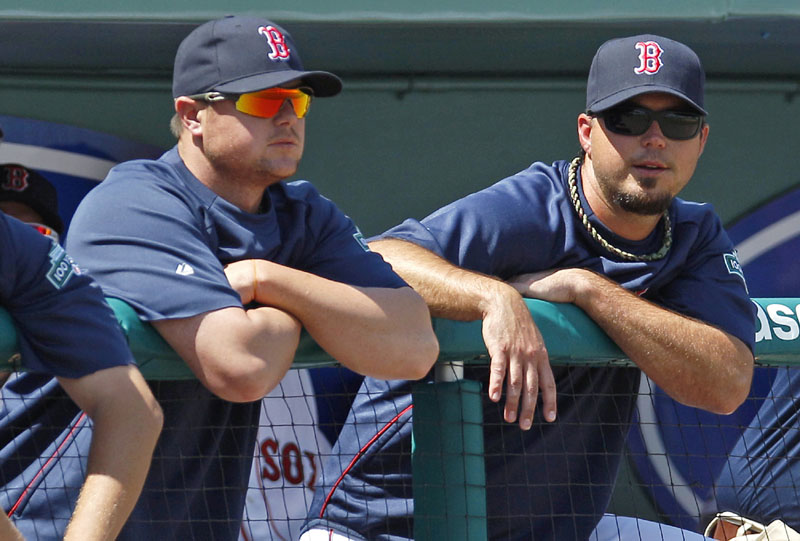 READY TO GO: Boston Red Sox pitchers Josh Beckett, right, and Jon Lester watch from the dugout rail during a spring training game against the Minnesota Twins on Monday in Fort Myers, Fla. Lester will start opening day, with Beckett lining up in the rotation to take the mound in the home opener at Fenway Park.