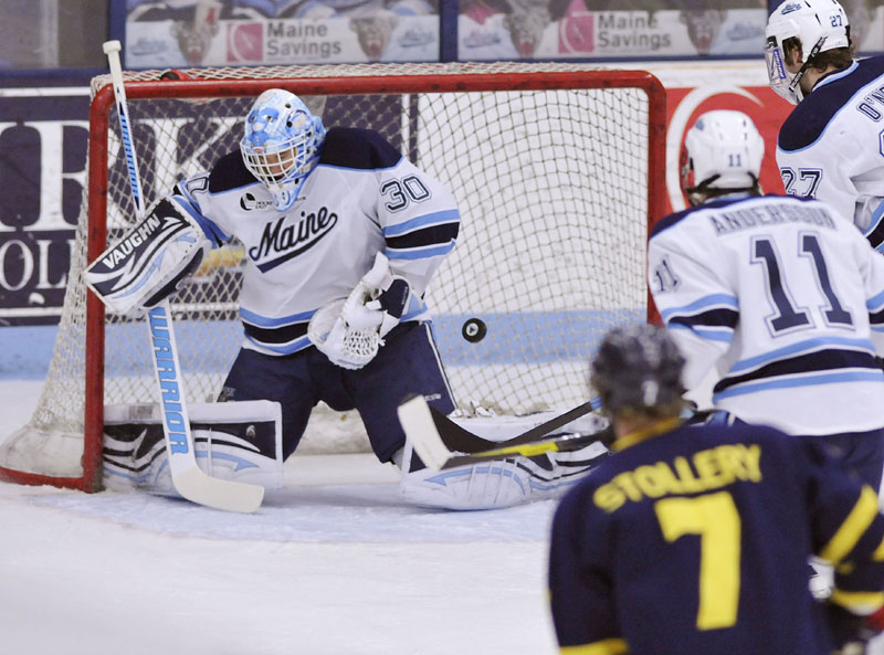 NO SMALL ROLE: Maine goalie Dan Sullivan has been a difference-maker for the Black Bears, as they recovered from a 3-6-2 start this season. Maine and Boston University meet tonight in the second semifinal game of the Hockey East tournament in Boston.