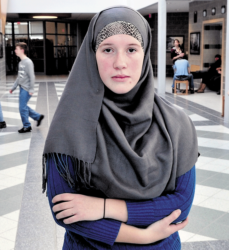 CULTURAL REACTION: Mount View High School student Caitlin Picard wears a hijab, a traditional headscarf worn by Muslim women, during a recent Spirit Week event called “Would you still be my friend if I dressed like this?” at the Thorndike school. Picard said some students taunted her due to the clothing