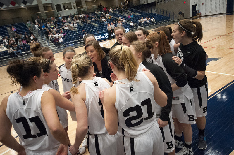 Bowdoin Coach Adrienne Shibles gives her players instructions before the start of the second half Friday. The Polar Bears were eliminated in the NCAA Round of 16 for the second year in a row.