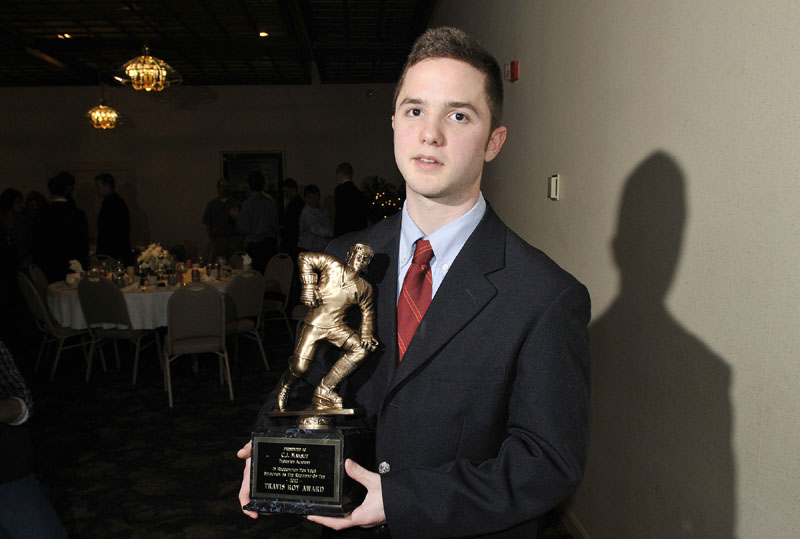 THE WINNER: C.J. Maksut of Thornton Academy became the 17th recipient of the prestigious Travis Roy Award during ceremonies at the Class A coaches banquet Sunday. He scored 32 goals and had 27 assists to lead the Trojans to their second consecutive Class A state ice hockey championship.