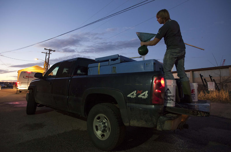 EEL BUSINESS: A buyer squeezes water from a net of elver while emptying a tank on the back of a fisherman's truck recently in Portland. The baby eels are fetching the fishermen more than $2,000 per pound this year.