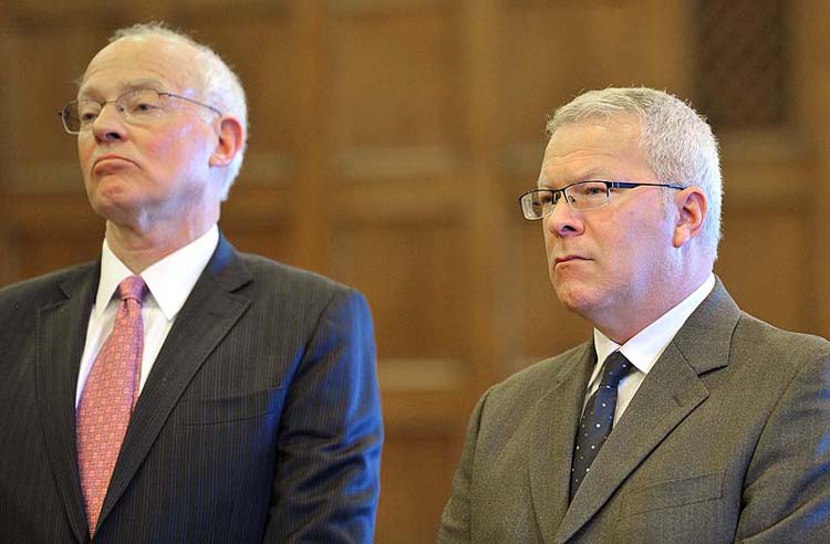 Paul Violette, right, former executive director of the Maine Turnpike Authority, listens as his sentence is read by Justice Roland Cole. At left is Peter DeTroy, Violette's attorney.
