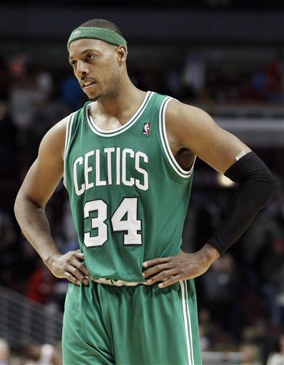 Boston Celtics forward Paul Pierce reacts after teammate was called for a foul during the second half of an NBA basketball game against the Chicago Bulls in Chicago, Thursday, April 5, 2012. The Bulls won 93-86. (AP Photo/Nam Y. Huh)