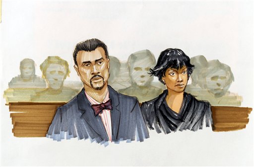A courtroom sketch shows Jennifer Hudson right, and her fiance David Otunga looking on in the courtroom during the first day of William Balfour's murder trial at the Cook County Criminal Court in Chicago on Monday. Balfour is charged in the 2008 murder of Hudson's mother, brother and nephew.