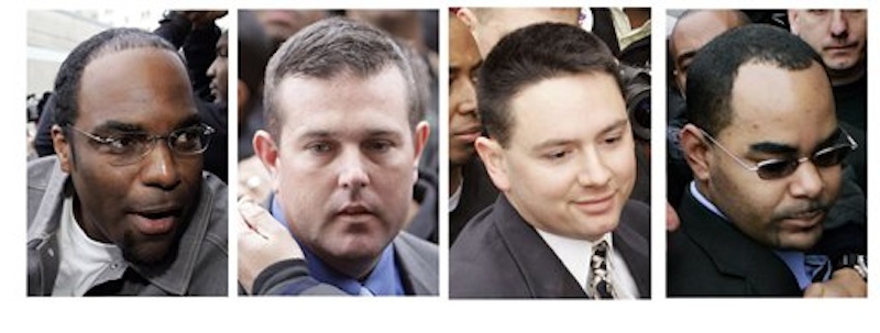 Four New Orleans police officers are seen in a combination of photos as they arrive for booking in New Orleans. From left: Robert Faulcon Jr., Robert Gisevius Jr., Kenneth Bowen, and Anthony Villavaso II. Five former police officers are scheduled to be sentenced Wednesday, April 4, 2012, for deadly shootings at a bridge after Hurricane Katrina, a coda for a case that became a high-profile symbol of police brutality and residents' suffering after the 2005 storm. (AP Photos, FIle)
