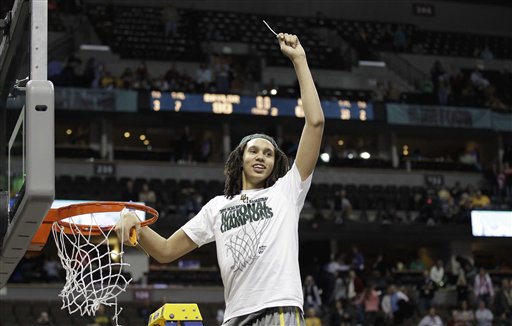 Baylor center Brittney Griner (42) cuts the net down during the second half in the NCAA Women's Final Four college basketball championship game against Notre Dame, in Denver, Tuesday, April 3, 2012. Baylor won the championship 80-61. (AP Photo/Eric Gay)