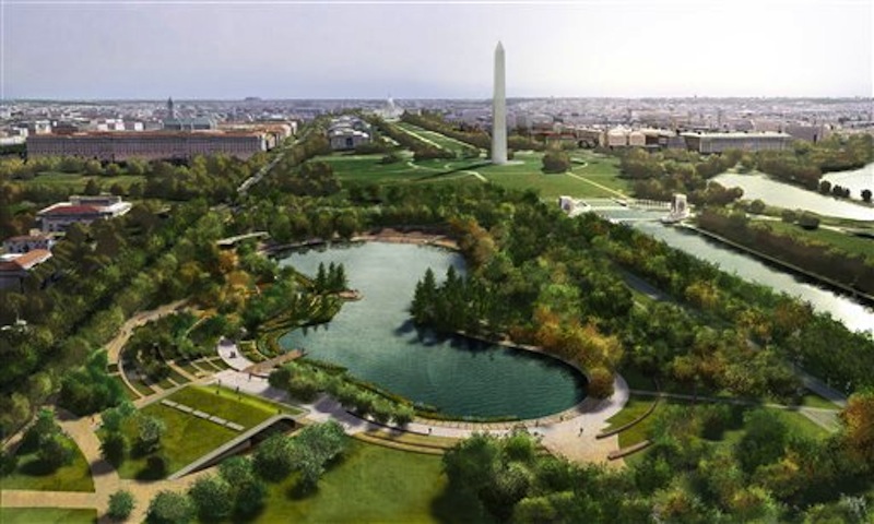 This undated artist's rendering provided by Nelson Byrd Woltz Landscape Architect & Paul Murdoch Architects, shows a proposed design for Constitution Gardens, one of three overused and neglected areas of the National Mall in Washington, which architects and designers have been competing for the chance to renew. (AP Photo/Nelson Byrd Woltz Landscape Architect & Paul Murdoch Architects)