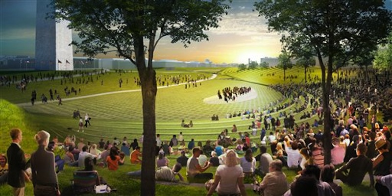 This undated artist's rendering provided by Diller Scofidio Renfro & Hood Design shows a proposed design for the National Washington Monument grounds at Sylvan Theater, one of three overused and neglected areas of the National Mall in Washington, which architects and designers have been competing for the chance to renew. (AP Photo/Diller Scofidio Renfro & Hood Design)