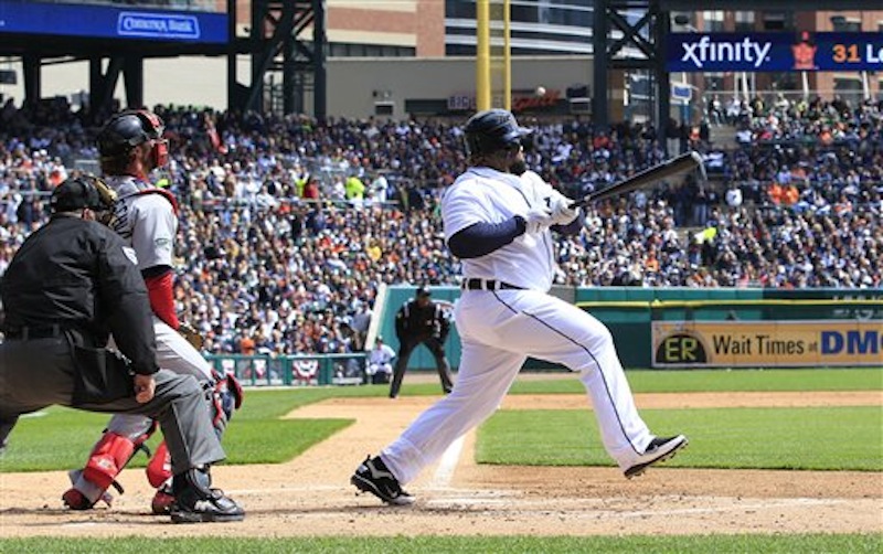 Detroit Tigers' Prince Fielder hits a single during the second inning of a baseball game agains the Boston Red Sox in Detroit, Thursday, April 5, 2012. (AP Photo/Carlos Osorio)