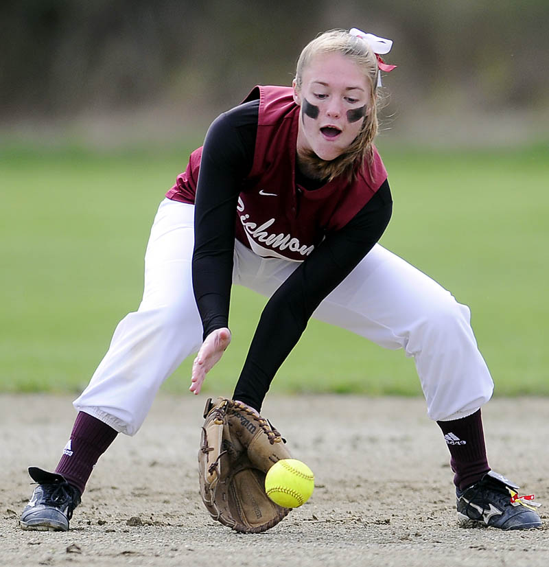 IN THE BAG: Richmond High School's Brianna Snedeker collects a grounder to second base Thursday during a softball match up against Buckfield High School at Richmond.