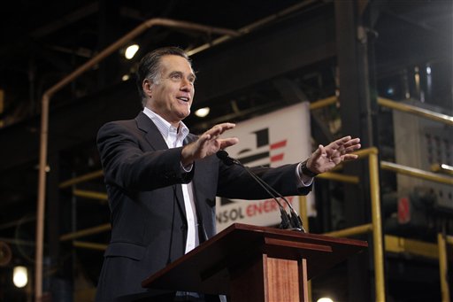 Republican presidential candidate Mitt Romney gestures appears at a campaign rally in South Park Township, Pa., on Monday.