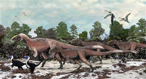This artist's conception provided by the Beijing Institute of Vertebrate Paleontology and Paleoanthropology shows Y. huali and other smaller dinosaurs roaming 125 million years ago.