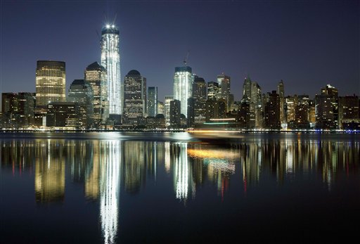 One World Trade Center towers above the Lower Manhattan skyline and Hudson River in New York.