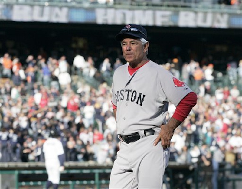 Boston Red Sox manager Bobby Valentine walks off the field after the Detroit Tigers' 13-12 win on Alex Avila's two-run home run in the 11th inning of a baseball game Sunday, April 8, 2012, in Detroit. (AP Photo/Duane Burleson)