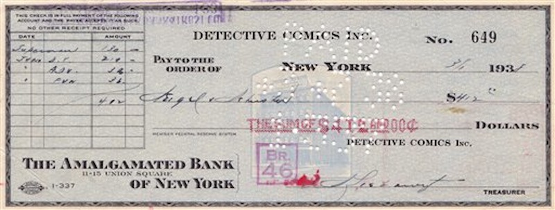 In this image released by ComicConnect.com, an image showing the canceled check sent to Superman creators Jerry Siegel and Joe Schuster in 1938. The check that paved the way for not just comic books, but TV, radio and films, is up for auction more than seven decades after it was cut by DC Comics. (AP Photo/ComicConnect.com)