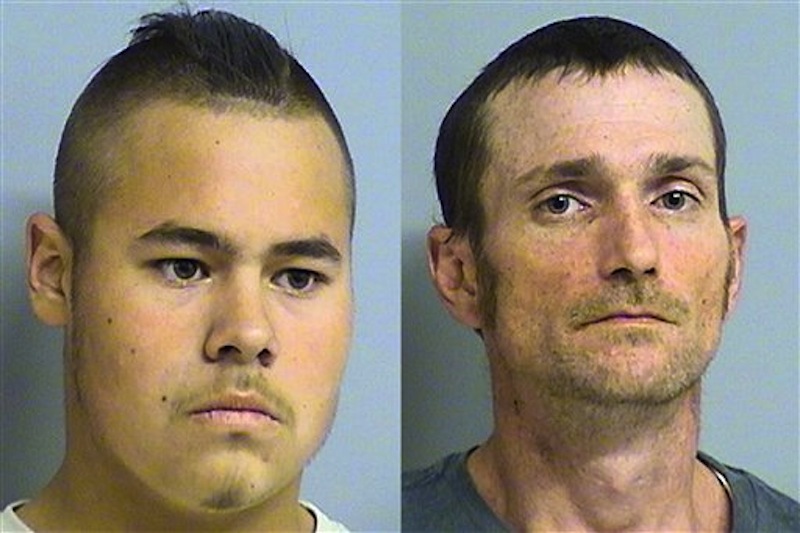 This photo combo of images provided by the Tulsa Police Department via the Tulsa World shows Jacob England, left, and Alvin Watts. According to police, England, 19, and Watts, 32, will be charged with three counts of murder and two counts of shooting with intent to kill, after being arrested early Sunday, April 8, 2012, for their involvement in the recent shootings in Tulsa, Okla., that left three people dead and two others critically wounded. (AP Photo/Tulsa Police Department via Tulsa World)