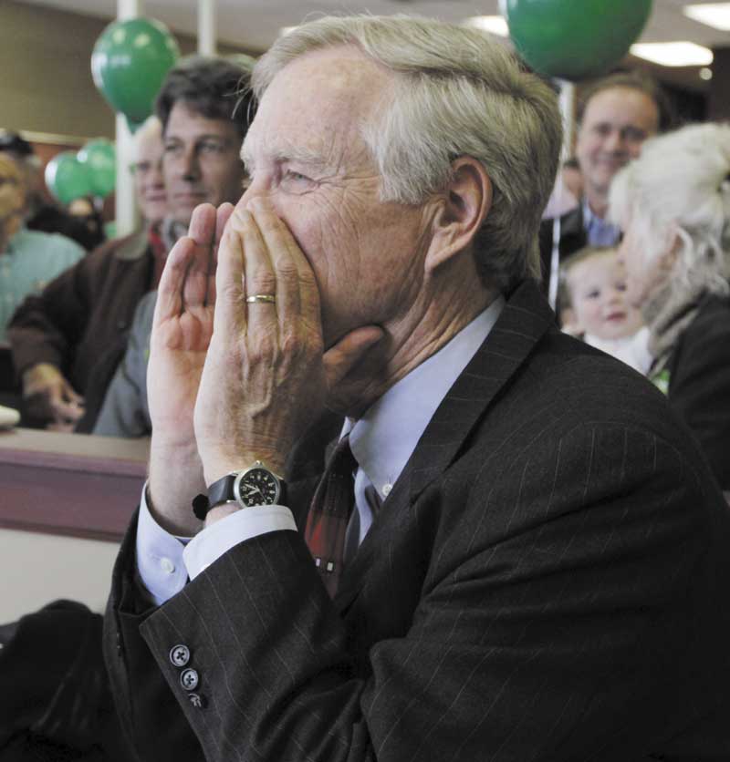 FIRST OFFICE: Angus King, Independent candidate for the U. S. Senate, responds to onlookers as he opens his first campaign office in Brunswick on Monday.