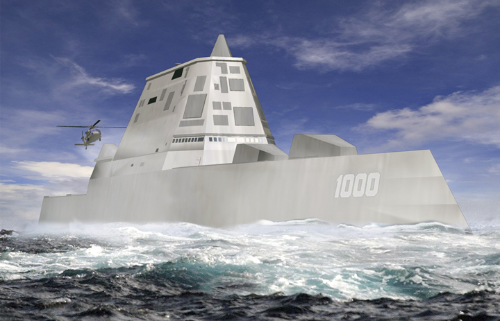 An artist's rendering of the DDG-1000 Zumwalt, the U.S. Navy's next-generation destroyer, being built at Bath Iron Works.