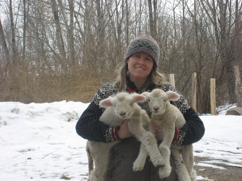 Mary Perry, holding a pair of ewes at the Winterberry farm in Belgrade, hopes the Forever Farm Program can help preserve the farm.